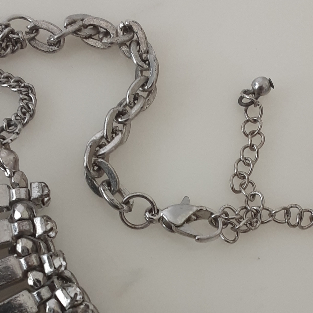 Heavy Metal Silver Tone Rhinestone Statement Bib Necklace. 18" - Picture 8 of 8